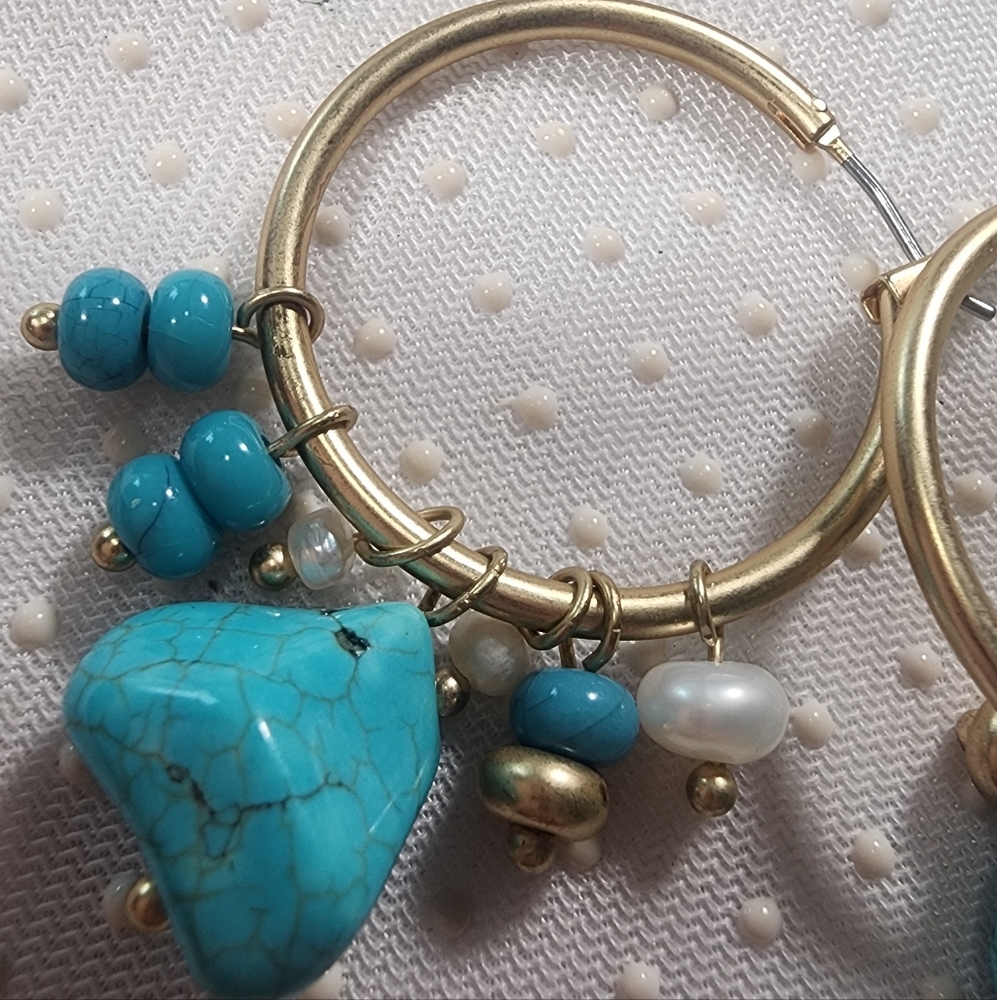 Turquoise and Gold- Tone  Hoop Earrings Bohemian and Trendy - Picture 6 of 6